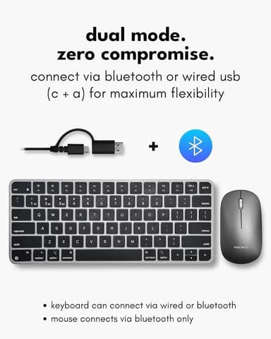 Macally Apple Wireless Keyboard and Mouse for Mac - Dual Mode (Bluetooth + Wired) - Multi-Device, Rechargeable - Mini Wireless Keyboard and Mouse Combo for MacBook, iPad, Mac Mini/Air/Pro (Space Gray)