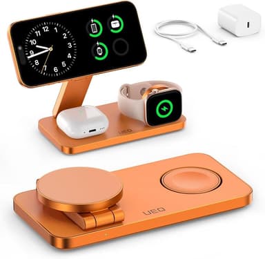 Foldable 3 in 1 Wireless Charging Station for Apple Mag Safe Charger Stand,Fast Magnetic Wireless Charger Station for iPhone 17 Air 16 15 14 13 12 Series,Airpods Pro,Apple Watch Ultra (Orange) 
