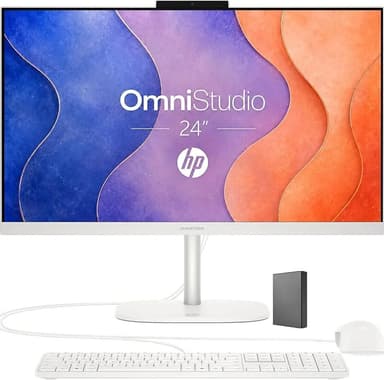 HP 24“ FHD OmniStudio All-in-One Desktop, 8GB DDR5 RAM, 640GB Storage(512GB External and 128GB UFS), Intel Multi-cores, WiFi6, Keyboard & Mouse, Windows 11, Built for Home.