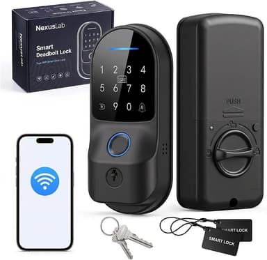 Smart Lock with Built-in WiFi, Fingerprint Keyless Entry Door Lock with Keypad, Tuya App Remote Access, Temporary Passcodes, Auto Lock, IC Cards and Keys, No Hub Required, Black 