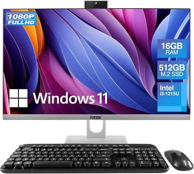 Fusion5 23.8" Full HD All in One PC Desktop Computer - 16GB RAM, 512GB SSD, i3-1215U 6-Core Processor up to 4.40 GHz, Windows 11, HDMI, USB 3.0 - AIO PC with Wireless Keyboard, Mouse, 3MP Web Camera
