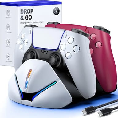 PS 5 Controller Charger Station for DualSense & Edge - Just Drop & Charge - Dual Charging Dock Compatible with PlayStation5 Controller, Space-Saving Stand for PS 5 Accessories (L) 