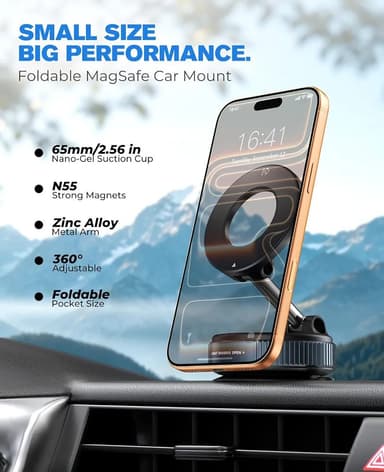 Jononser Magnetic Car Phone Holder for MagSafe, Nano-Gel Suction Cup Car Phone Mount for Car Dashboard & Windshield, Pocket-Size Foldable 360° Adjustable Car Mount for iPhone18 17 16 15 14 13 Series